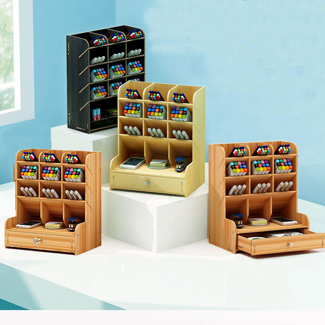1Pc Wooden Desk Organizer Multifunctional Desktop Stationery Pen Holder Box Black