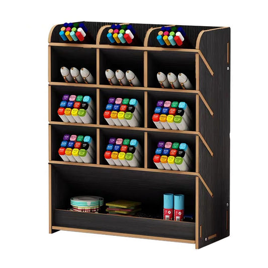 1Pc Wooden Desk Organizer Multifunctional Desktop Stationery Pen Holder Box Black