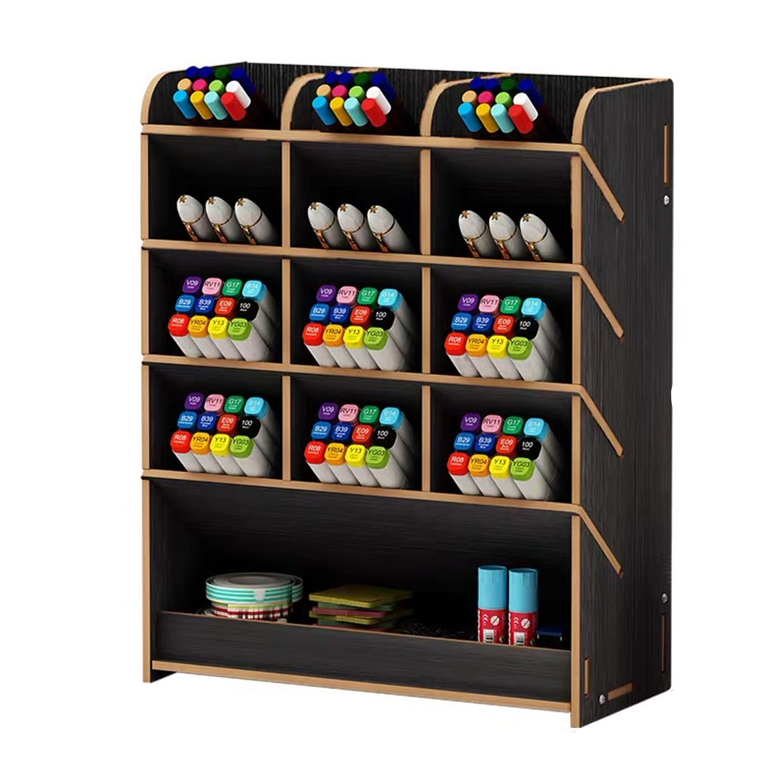 1Pc Wooden Desk Organizer Multifunctional Desktop Stationery Pen Holder Box Black
