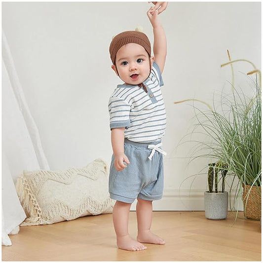 Baby Boy Summer Clothes Button Short Sleeve Romper Bodysuit Shorts Set Infant Soft Waffle Outfit